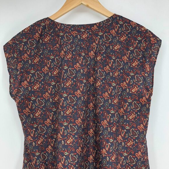 Eddie Bauer Navy burgundy Paisley cap sleeve button front lace cutout blouse Med - Picture 13 of 15